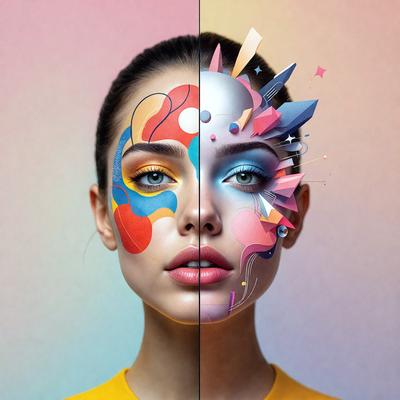 The primary subject of the image is a woman with a unique and colorful makeup design on her face. The makeup features a mix of different colors, creating a visually striking appearance. The woman is wearing a yellow shirt, which complements the vibrant colors of her makeup. The setting of the image is a room with a pink wall, which adds to the overall atmosphere of the scene. The visual style of the image is a combination of photo and digital art, creating a striking and eye-catching portrait